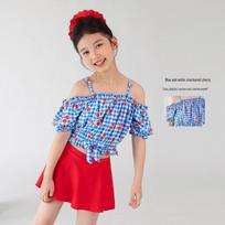 LUSON Girls' Striped Short-Sleeve Swimsuit Set 130