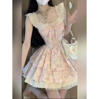 Homemade Sweet Spice Girl Small Flying Sleeves Gentle Wind Floral Waist Slim Skinny Square Neck Princess Dress Fluffy Dress Women S- (can be worn within 45kg) rožinė