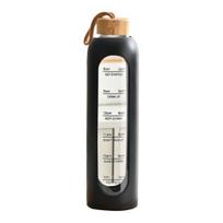 Stiklinis vandens butelis, 1 litro talpos, gertuvė su laiko žymomis, silikoninis apvalkalas, sandarus snapelis, platus kaklelis, vandens puodelis 1000ML juoda