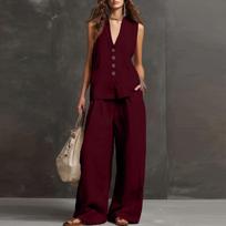 Women’s Two Piece Sleeveless Vest and Wide Leg Pants Set Button Front Relaxed Fit Lightweight Fabric for Daily Wear Office Travel XL