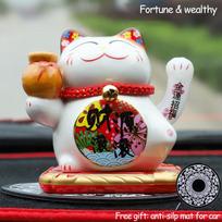 Ceramic Lucky Cat Solar Powered Maneki Neko Waving Arm Beckoning Fortune Welcoming Cat with Car Mat Desktop Decor Charm Gift