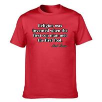 Mens Cotton TShirt Mark Twain Quote Religion was invented when the first con man met the first fool Graphic Tee S