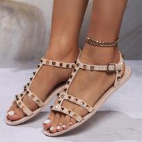 Summer New Style Luxury Rivet Thin Strap T-toe Sandals Summer Square Toe Flats Bottom Women's Going Out Roman Women's Shoes 36
