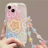 Gėlių perlo grandinėlės dirželis 3D banguotas lenktas kraštas telefono dėklas, skirtas Iphone 15 14 13 12 11 Pro Max 15 Pro 15 14 Plus 13 Mini minkštas dėklas iPhone 6 6S beige