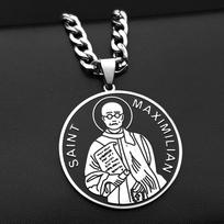 SAINT MAXIMILIAN KOLBE PRAY FOR US Stainless Steel Medal Pendant Necklaces for Women Men Silver Color Catholic Enamel Jewelry