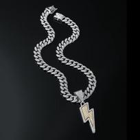 Ledinis žaibo formos pakabukas ant grandinėlės, paauksuota kubietiško stiliaus grandinėlė, hip-hop'o gatvės stiliaus papuošalas,  Flash  žavesys vyrams Cuban chain&26inch(66cm) sidabras