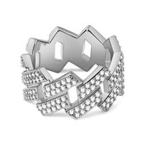 Luxury Hip Hop Brass Gold & Rhodium Plated Cuban Link Chain Engagement Ring with Iced Double Rows Full Cubic Zirconia Certified 7