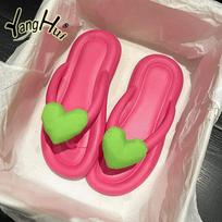 Korean Version Candy Color Heart Shaped Decoration Flip-flops 2024 New Fashion Casual Simple Anti-slip Women's Slippers Summer 36-37 rožinė raudona spalva
