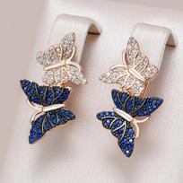 Luxury White Blue Zircon Two Butterfly Drop Earrings for Women Black Rose Gold Color Animal Daily Punk Jewelry KTJ