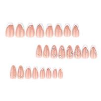 24Pcs Women Almond Press on Nails, Faux Pearl Rhinestone Golden Line Stick-on Fake Nails, Full Cover French Tip Glue on False Nails 24PCS