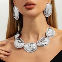 Glossy Drop Earrings Exaggerated Necklace Earrings Luxury Round Pendant Necklace  Women Jewelry Set silver-2
