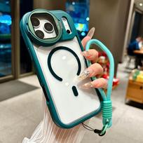Fold Glass Lens Stand Magnetic Transparent Case For 17 16 15 14 13 12 11 Pro Max For Magsafe Wrist Strap Shockproof Cover For iPhone 17ProMax tamsiai žalia spalva