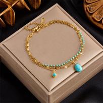 Gold Plated Double Layer Snake Chain Bracelet with Turquoise Charms Fashion Jewelry for Women