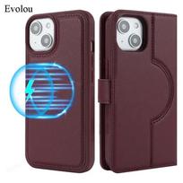 For Magsafe Magnetic Leather Wallet Card Stand Case For iPhone 16 Pro Max 15 Plus 14 13 Pro Leather Shockproof Protection Cover For Iphone 14Pro Max tamsiai violetine spalva