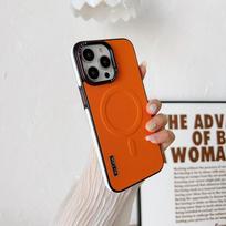 Paprastas odinis telefono dėklas, skirtas iPhone 14 13 12 Pro Max smūgiams atsparus TPU hibridinio apvalkalo magnetinis belaidžio įkrovimo buferio dangtelis iPhone 13 Pro Max oranžinė