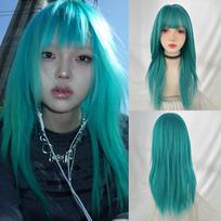 Žalia Mėlyna Sintetinė Ilga Tiesi Moteriška Perukas su Kirpčiukais Lolita Cosplay Pūkuotas Karščiui Atsparus Perukas Kasdieniam Vakarėliui gray