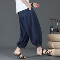 Summer Cotton Linen Shorts Men Baggy Wide Leg Casual Capris Pants Male Sport Running Shorts Oversize Chinese S mėlyna