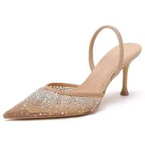 Summer Shiny Rhinestone Mesh Heeled Sandals Women Luxury Women Pumps Sexy Pointed Toe Slingbacks High Heels Elegant Dress Shoe 35