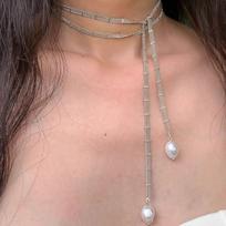 Luxury Metal Double-Layer Chain Beads Pendant Necklace for Women Simple Y-Shaped Stretchable Long Necklace Banquet Jewelry Gifts