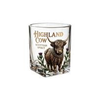 Highland Cow Scottish Spirit Glass Whiskey Tumbler Durable Thick Base Square Shape Glassware for Spirits and Cocktails One Size