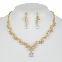 2pcs Set Luxury Leaf-inlay Zircon Teardrop-shaped Crystal Pendant Necklace Earrings for Women Korean Bride Wedding Dress Jewelry