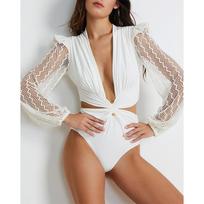 Women one-piece swimsuit female sense lace long-sleeved backless high elastic print swimsuit solid color swimsuit XL juoda