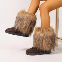Women's Winter Furry Faux Fur Boots Fuzzy Fluffy Mid Calf Snow Boots for Women Faux Suede Comfortable Warm Fur Lined Platform Flat Boots Shoes 36 ruda