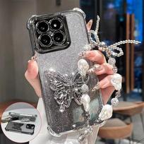 Butterfly Electroplating Bracket Phone Case For Xiaomi Redmi Note 14 13 Pro Plus 5G 4G 11S 12 10S 9 Pearl Chain Soft Silicone Redmi Note 14Pro(5G)