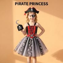 Kids Pirate Costume Dress with Tutu Skirt Skull Print Adjustable Straps and Accessory Set for Halloween Costume Party Role Play XL