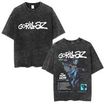 Washed Vintage Rock Band Gorillaz The Now Now Album Graphic T-shirts Men Women Clothing Hip Hop Punk Oversized Crewneck T Shirts S įvairiaspalvis