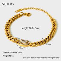 Light Luxury Square Zircon Fine Diamond Cuban Chain Plated 18K Gold Stainless Steel Waterproof Stacked Bracelet for Women 16cm