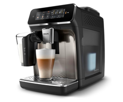 PHILIPS 3300 serijos pilnai automatinis espreso kavos aparatas – „LatteGo“ pieno sistema, 5 kavos rūšys, intuityvus jutiklinis ekranas, „SilentBrew“, 100 % keraminis malūnėlis, „AquaClean“ filtras, blizgi juoda spalva