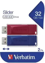 Verbatim USB atmintinė, USB 2.0, 32GB, Slider, mėlyna, raudona, 49327, USB A, usb su ištraukiama jungtimi. 2 vnt