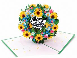 Išsiskleidžiantis 3D Pop-Up atvirukas gimtadieniui gėlių vainikas Happy Birthday, 15x15 cm, baltas vokas