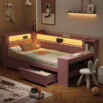 Dienos lova su stalčiu, USB, LED, 90x200 cm, rožinė, 1 vnt