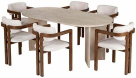 Valgomojo komplektas Kalune Design Meridia 6, balta sp./riešuto sp./travertine sp.