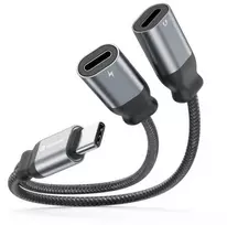 „Swissten“ tekstilinis USB-C garso įkrovimo adapteris, 2x USB-C, 0,12 m