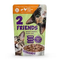 2 Friends visavertis pašaras suaugusioms katėms, rinkinys 12 × 85 g. Gabalėliai su vištiena ir kepenėlėmis padaže.