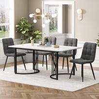 Valgomojo komplektas 5 vnt., stalas 140x80 cm, 4 kėdės, balta MDF, juodos metalinės kojos, tamsiai pilkos aksominės kėdės