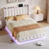 Minkšta dvigulė lova 160 × 200 cm, LED ir USB lova, plūduriuojanti lova su galvūgaliu, jaunimo lova, dvigulės lovos rėmas, flanelė (balta)