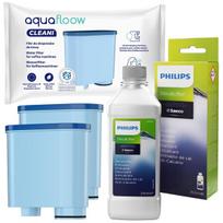 Komplektas „Philips“ / „Saeco“ kavos aparatams: originalus „Philips“ kalkių šalinimo skystis CA6700 (250 ml) + 2 vnt. „AquaFlow Cleani“ vandens filtrai.