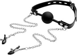 BDSM rinkinys silikoninis burnos kamštis su kamuoliuku ir spenelių spaustukais