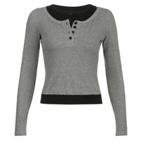 Women Splicing Against Color Semi-open Collar Button Top Retro Off-the-shoulder Slim Showing Leggings T-shirt S pilka