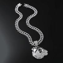 Iced Out Pitbull Bulldog Head Pendant Necklace with Spiked Collar Gold Plated Cuban Link Chain Hip Hop Animal Streetwear Jewelry Cuban chain&16inch(40cm)