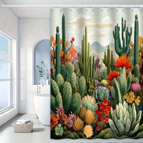 Desert Oasis Shower Curtain - Vibrant Cactus, Floral & Mountain Theme for Bathroom Decor, Adds Exotic Charm and Colorful Beaut 90x180cm