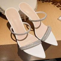 Stunning Black Strap Diamond Open Toe Ultra High Heel Slippers Pointed Toe Thin Heel Fashionable Outdoor Sandals for Women 34