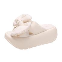 Kawaii Platform Sandals Women Summer Thick Bottom Shoes 7CM Wedges Heels Casual Sandals Comfortable Black Bowknot Slippers 34 smėlis