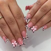 Short Press-On Nails With Pink French Tip Leopard Print Bow Design Glossy Finish 24pcs Women Gel Nail