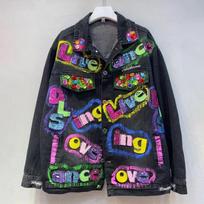 Thai trendy brand autumn new European and American beaded graffiti letter denim jacket women's loose jacket top One size fits all juoda