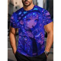 Cyberpunk style anime girl T-shirt, colorful purple hair, cool and sassy girl pattern top, trendy and cool personality, street style short sleeves XS senovinė fuksijos spalva